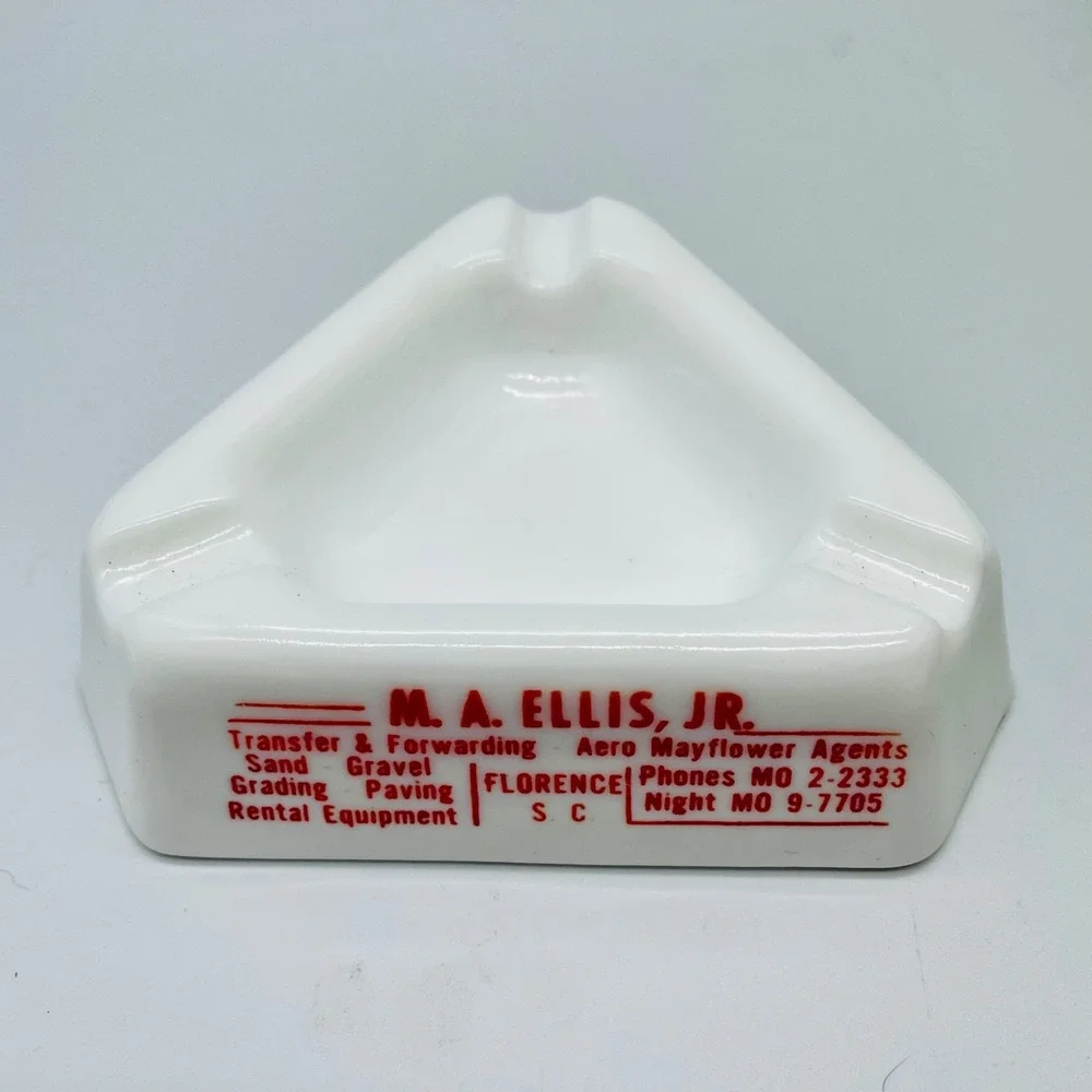 Vintage Florence SC Advertising Ashtray Milk Glass M.A. Ellis‎ Jr